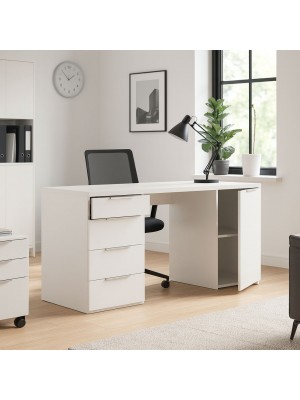 Vista ambientata Scrivania da ufficio in legno colore Bianco Lucido 4 cassetti e 1 anta Totò Piccinni