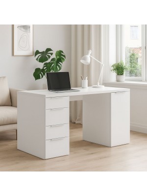 Vista ambientata Scrivania da ufficio in legno colore "Bianco Matt. Opaco" 4 cassetti e 1 anta Totò Piccinni