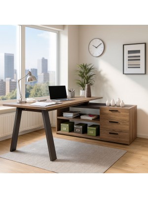 Vista ambientata Scrivania da ufficio in legno colore "Noce Brera/Nero Chalet" 3 cassetti e 2 vani modello Bali Totò Piccinni