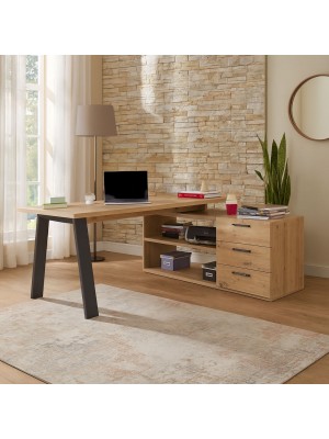 Vista ambientata Scrivania da computer in legno colore Rovere Artisan con cassettiera 3 cassetti e 2 vani modello Alba Totò Piccinni