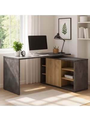 Vista ambientata Scrivania angolare moderna in legno colore "Rovere/Cemento" modello Sydney Totò Piccinni