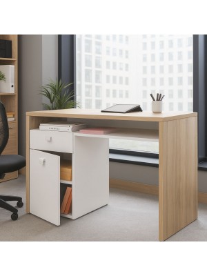 Vista ambientata Scrivania da ufficio colore "Rovere Miele/Bianco Laccato" 1 cassetto, 1 vano e 1 anta modello Orbita Totò Piccinni