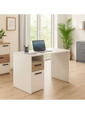 Vista ambientata Scrivania da ufficio in legno colore "Cannettato/Cashmere" con 1 vano e 1 anta modello Zefiro Totò Piccinni