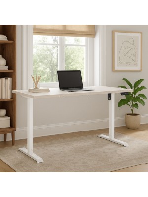 Vista ambientata Scrivania da camera con piano Bianco e gambe Bianco regolabile in altezza elettricamente modello Progress Totò Piccinni