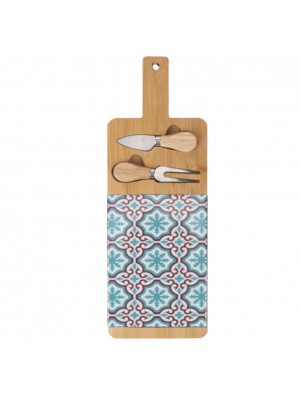 Tagliere per formaggio in legno colore Acquamarina con 2 coltelli modello Valladolid - Villa D'Este