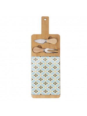 Tagliere per formaggio in legno colore Celeste con 2 coltelli modello Valladolid - Villa D' Este