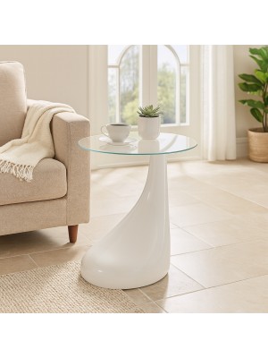 Vista ambientata Tavolino da salotto con piano in vetro temperato colore Bianco design a goccia modello Infinito Totò Piccinni