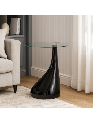 Vista ambientata Tavolino da salotto con piano in vetro temperato colore Nero design a goccia modello Infinito Totò Piccinni