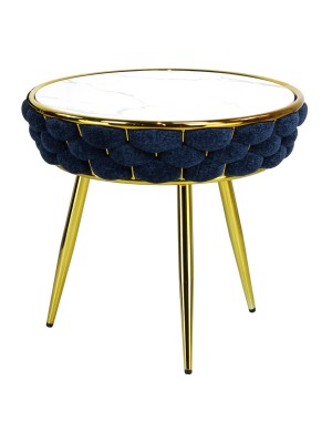 tavolino da salotto in velluto blu con piano effetto marmo
