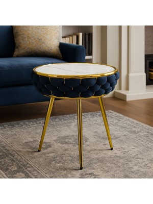 Vista ambientata Tavolino da salotto in velluto colore Blu con piano effetto marmo modello Roylal Totò Piccinni