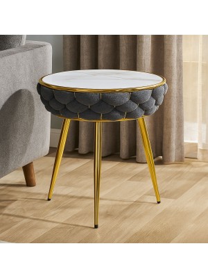 Vista ambientata Tavolino da salotto in velluto colore Grigio con piano effetto marmo modello Roylal Totò Piccinni