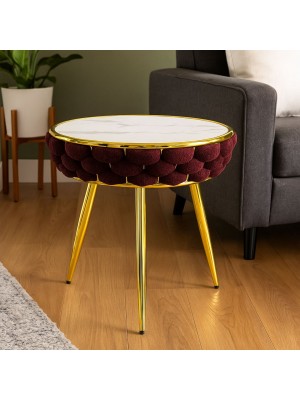 Vista ambientata Tavolino da salotto in velluto colore Porpora con piano effetto marmo modello Roylal Totò Piccinni