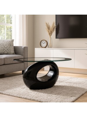 Vista ambientata Tavolino design moderno da salotto con piano in vetro temperato colore Nero modello Orizzonte Totò Piccini