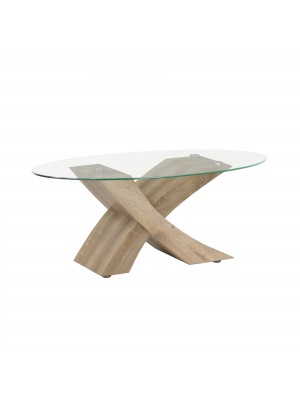 Tavolino da Salotto FOX piano in vetro temperato design Moderno (Rovere Sbiancato Ovale)