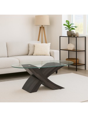 Vista ambientata Tavolino da salotto design moderno con piano in vetro temperato colore Wengè modello Fox Totò Piccinni