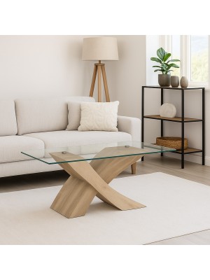 Vista ambientata Tavolino da salotto design moderno con piano in vetro temperato colore Rovere Sbiancato modello Fox Totò Piccinni