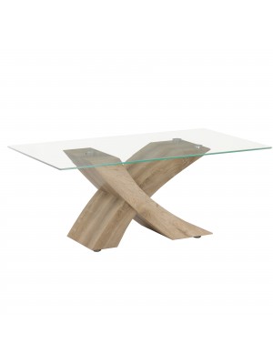 Tavolino da Salotto FOX piano in vetro temperato design Moderno (Rovere Sbiancato Rettangolare)