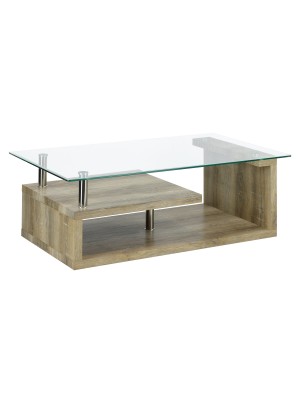 Tavolino da Salotto GLORIA piano in vetro temperato design moderno (Rovere)