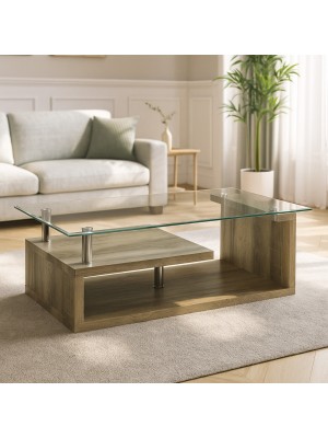 Vista ambientata Tavolino da salotto colore Rovere  con piano in vetro design moderno modello Gloria Totò Piccinni