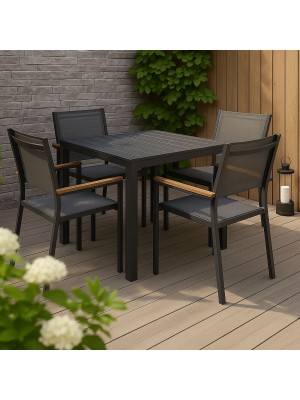 Set pranzo tavolo allungabile in alluminio 90/180 con 4 sedia con braccioli effetto legno