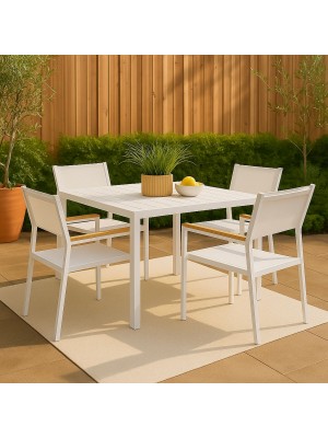 Vista ambientata Set pranzo allungabile in alluminio 90/180 con 4 sedie trapani con braccioli effetto legno  bianco modello Vulcano Totò Piccinni