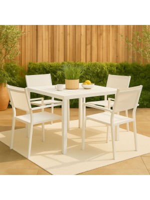 Vista ambientata Set pranzo allungabile in alluminio 90/180 con 4 sedie trapani con braccioli bianco modello Vulcano Totò Piccinni