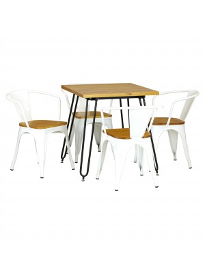 Set Tavolo e Poltrona Industry in Metallo con seduta in Legno Design Industriale (Bianco)