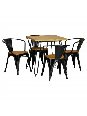 Set Tavolo e Poltrona Industry in Metallo con seduta in Legno Design Industriale (Nero)