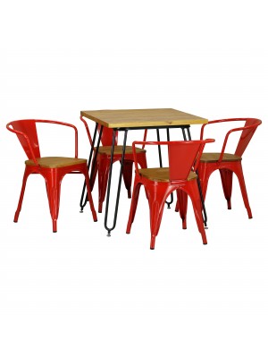 Set Tavolo e Poltrona Industry in Metallo con seduta in Legno Design Industriale (Rosso)