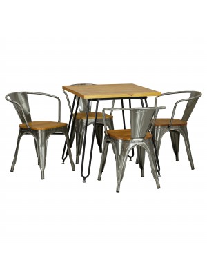 Set Tavolo e Poltrona Industry in Metallo con seduta in Legno Design Industriale (Silver)