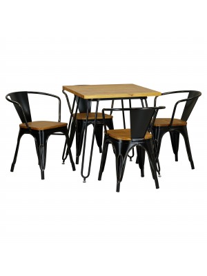 Set Tavolo e Poltrona Industry in Metallo con seduta in Legno Design Industriale (Vintage Nero)