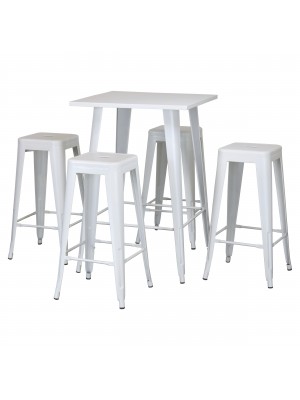 Set Tavolo e Sgabello Industry in Metallo Design Industriale (Bianco, Tavolo e 4 Sgabelli)