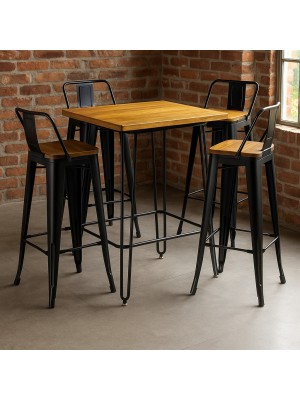 Vista ambientata Set industry bianco in metallo con sgabelli in metallo con seduta in legno colore Nero design industriale Totò Piccinni