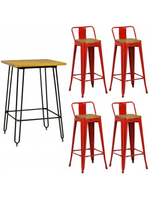 Set Tavolo Alto e Sgabello Industry in Metallo con seduta in Legno e schienale Design Industriale (Rosso)