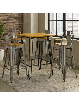 Vista ambientata Set industry bianco in metallo con sgabelli in metallo con seduta in legno colore Silver design industriale Totò Piccinni