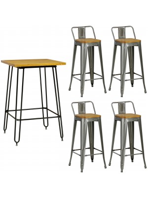 Set industry bianco in metallo con sgabelli in metallo con seduta in legno colore Silver design industriale Totò Piccinni