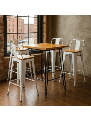 Vista ambientata Set industry bianco in metallo con sgabelli in metallo con seduta in legno colore Vintage Bianco design industriale Totò Piccinni