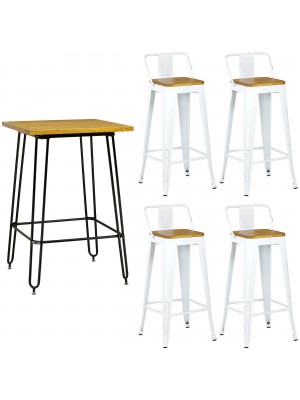 set industry vintage bianco in metallo con sgabelli con seduta in legno 