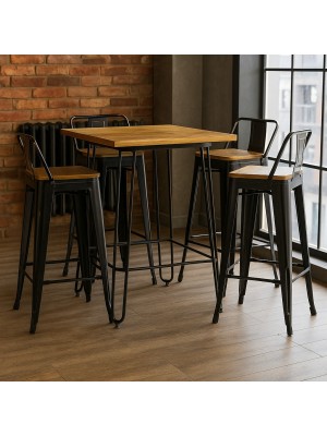 Vista ambientata Set industry bianco in metallo con sgabelli in metallo con seduta in legno colore Vintage Nero design industriale Totò Piccinni