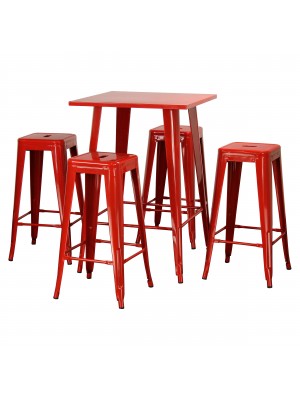 Set Tavolo e Sgabello Industry in Metallo Design Industriale (Rosso, Tavolo e 4 Sgabelli)