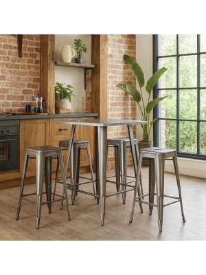 Vista ambientata Set tavolo e sgabello in metallo colore Silver design industriale modello Industry Totò Piccinni