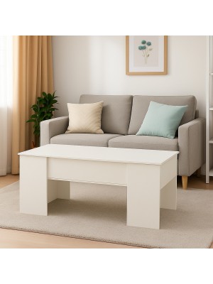 Vista ambientata Tavolino moderno da salotto con piano elevabile in legno colore Bianco Caldo modello Coffee Totò Piccinni