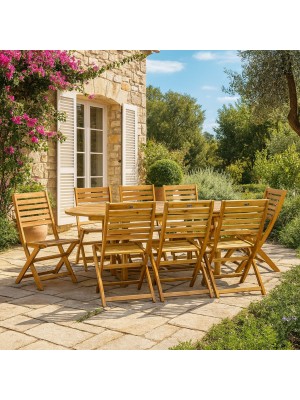 Vista ambientata Set tavolo allungabile 150/200 in legno D'Acacia da giardino con 8 sedie B Totò Piccinni