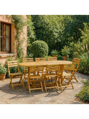 Vista ambientata Set tavolo allungabile 150/200 in legno D'Acacia da giardino con 8 sedie B Totò Piccinni