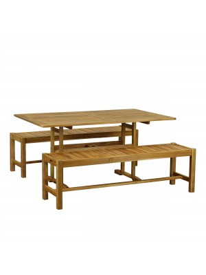 Set tavolo rettangolare 150x90x71,5 in legno d' ACACIA da giardino più 2 Panche