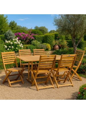 Vista ambientata Set tavolo rettangolare 150  in legno D'Acacia da giardino con 6 sedie A Totò Piccinni