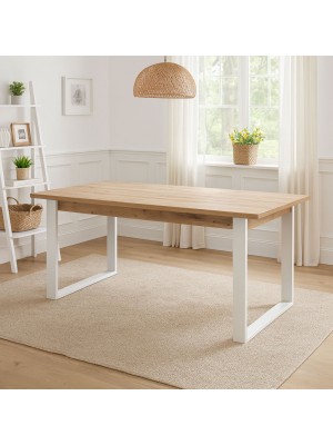 Vista ambientata Tavolo allungabile in legno colore Rovere Artisan con gambe in ferro bianche Totò Piccinni