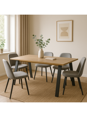 Vista ambientata tavolo con gambe in metallo e piano in rovere modello Icaro Totò Piccinni