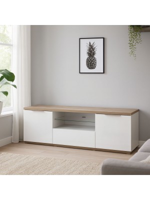 Vista ambientata Mobile porta tv in legno colore "Bianco Laccato/Rovere Rivera" con 6 cassetti modello Orbis Totò Piccinni