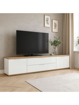 Vista ambientata Mobile porta tv in legno colore "Bianco Laccato/Rovere Riviera" con 2 ante e 2 ribalte modello Orbis Totò Piccinni